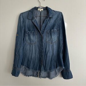 cloth & stone Chambray Distressed Raw Hem Button Shirt